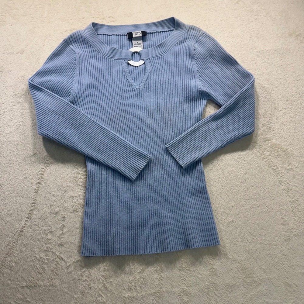 Studio 1940 Light Blue Ribbed Knit O-Ring Keyhole Neck Sweater Medium